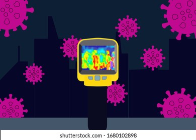 Illustration vector graphic of infrared thermal imaging camera and corona virus symbol on skyline silhouette background. stop virus outbreak concept. infrared thermal imaging camera. vector EPS10.