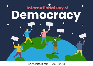 Illustration vector graphic of international day of democracy. People walk, demonstration, action, speech, protest, earth. Good for poster or banner.