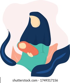 Illustration vector graphic of islamic mother is using hijab/veil and holding baby 