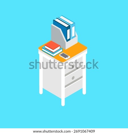 Illustration vector graphic of isometric drawer table with books, file organizer, and smartphone. Perfect for office, school, study, and simple flat design or minimalistic concept.