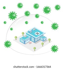 illustration vector graphic of isometric hospital attacked by virus, perfect for icon map, infographic, background, etc