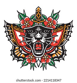 Illustration vector graphic of jaguar and butterfly old school style. Perfect for tattoo,tshirt,sticker,logo,albumcover,book cover,etc.