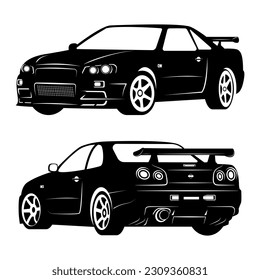 Ilustración vectorial gráfico del coche deportivo japonés, sillhoute negro y blanco, bueno para el logo de tu garaje, decoración de pared, flayer, etc