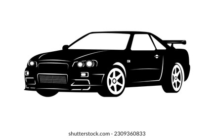 Ilustración vectorial gráfico del coche deportivo japonés, sillhoute negro y blanco, bueno para el logo de tu garaje, decoración de pared, flayer, etc