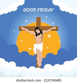 illustration vector graphic of jesus on the cross in the midst of white clouds, showing the sun in the blue sky, perfect for religion, holiday, culture, greeting card, etc.
