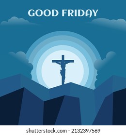 illustration vector graphic of jesus on the cross in the middle of the hill at night, showing the moonlight, perfect for religion, holiday, culture, greeting card, etc.