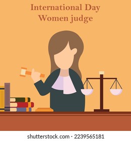 illustration vector graphic of a judge wields a gavel, displaying piles of books and scales on a table, perfect for international day, women judge, celebrate, greeting card, etc.