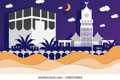 Illustration vector graphic of kaaba, mecca, saudi arabia. This design is fit for hajj promotion or advertisement. Paper cut background.