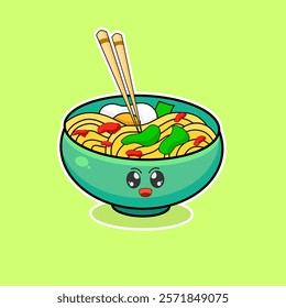 illustration vector graphic of Kawai cute bowl of noodles with chopsticks suitable for children