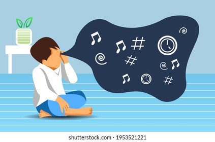 Illustration vector graphic of a kid who was sitting listening to something. Vector illustration