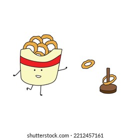 Illustration vector graphic Kids drawing style funny fried onion rings playing ring toss game in a cartoon style.