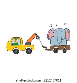 Illustration Vector Graphic Kids Drawing Style Funny Cute Tow Truck Towing An Elephant In A Cartoon Style.