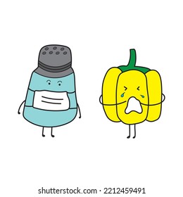 illustration vector graphic Kids drawing style funny cute pepper bottle wearing mask with yellow pepper sneezing in a cartoon style.