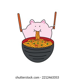 illustration vector graphic Kids drawing style funny cute fat pink mice eating ramen noodles in a cartoon style.