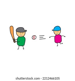 illustration vector graphic Kids drawing style funny cute two childs play baseball in cartoon style 