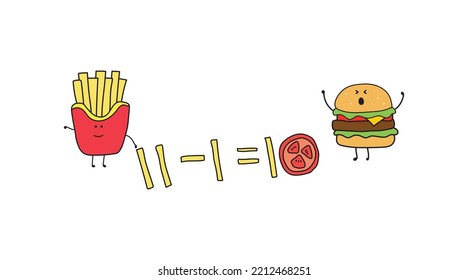 Vektorgrafik Kids Zeichnen Stil lustige süße Pommes frites spielen Mathe mit Hamburger in einem Cartoon-Stil.