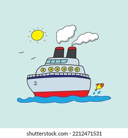 illustration vector graphic Kids drawing style funny cruise ship sailing on the sea in a cartoon style.