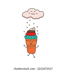 illustration vector graphic Kids drawing style funny cute ice cream playing in the sprinkles rain in a cartoon style.