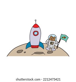 illustration vector graphic Kids drawing style funny cute astronaut bear with rocketship on the moon in a cartoon style.