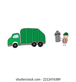 Illustration Vector Graphic Kids Drawing Style Funny Garbage Man Holding Trash Bin With Garbage Truck In A Cartoon Style.