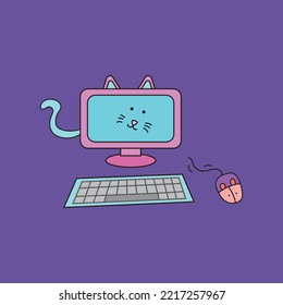 
Illustration vector graphic Kids drawing style funny cute computer cat with keyboard and mouse in a cartoon style.