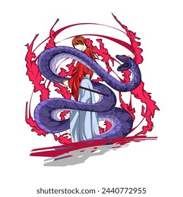 Ilustración vector gráfico de un caballero atrapado por una serpiente