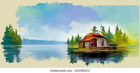 illustration vector graphic of lake house on watercolor painting style good for print on postcard, poster or background