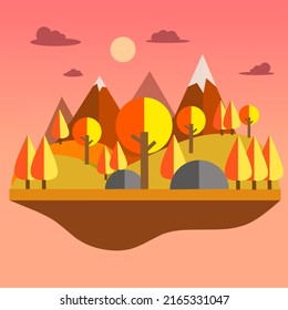 Illustration vector graphic of landscape in autumn season with multicolors view,set with mountain,hills,trees,and clouds. Flat design,use for simple design concept and artwork.