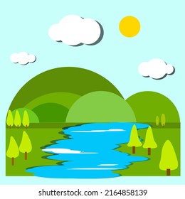 Illustration vector graphic of landscape in flat design and cartoon style,set with hills,trees,river,clouds and sun. Use for abstract simple design and artwork.