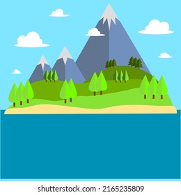 Illustration vector graphic of landscape in flat design,set with mountain,sea,trees nad clouds. Use for simple concept design,cover page,dexoration and artwork.