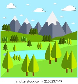 Illustration vector graphic of landscape in flat design,set with elements trees,hill,mountain,meadow and lake. Use for simple design concept and artwork.