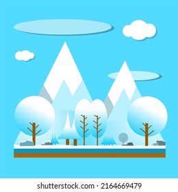 Ilustración vectorial del paisaje en temporada invernal, con montaña, árboles y roca cubierta de nieve.