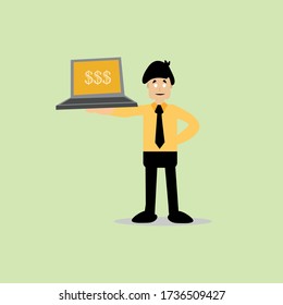 Ilustración vectorial gráfica de portátil puede ganar dinero. Ajustar para la expresión de trabajo o el carácter de persona.