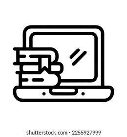 Ilustración Vector Gráfico de portátil, computadora, estudio de libros, icono de pc. Dibujo de línea. Negro.