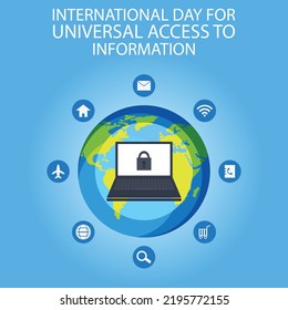 illustration vector graphic of laptop with locked screen, showing planet earth background surrounded by digital icons, perfect for international day, universal access to information, celebrate, etc