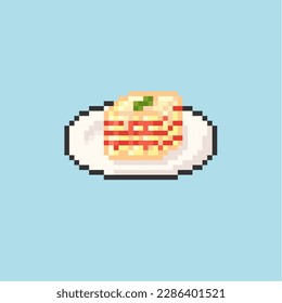 Illustration vector graphic of lasagna on a plate in pixel art style