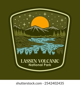 Ilustración Vector gráfico de LASSEN VOLCANIC AT THE NIGHT NATIONAL PARK INSIGNIA LOGO DESIGN ILUSTRACIÓN VECTORIAL para la Mercancía de diseño de prendas de vestir, como logotipos en el embalaje del producto