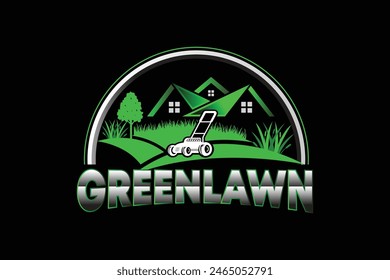  Illustration vector graphic of lawn care with Lawn mower home service black background, landscape, grass concept logo design template