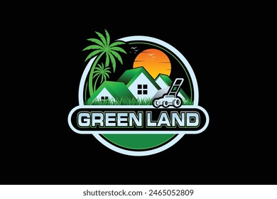  Illustration vector graphic of lawn care with Lawn mower home service black background, landscape, grass concept logo design template