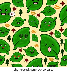 illustration vector graphic of leaf kawaii. Cute Leaf seamless pattern premium vector. Perfect for your background, textile product, print on demand.