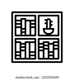Ilustración Vector Gráfico de libros de biblioteca, estantes escolares, icono de mobiliario de rack. Dibujo de línea. Negro.