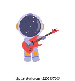 illustration vector graphic little astronaut playing guitar. Cute happy cartoon children character in spacesuit with special helmet.