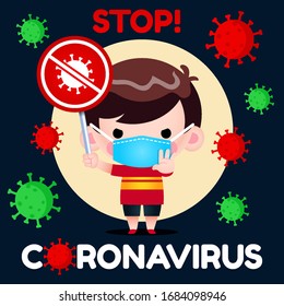 Illustration vector graphic of little boy with medical mask holding No Coronavirus Covid-19 sign.
Perfect for Medical brochure, Television health information, Medical Banner, Hospital, etc