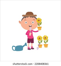 illustration vector graphic little boy watering plants in the garden. isolated on white background