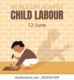 ilustración vectorial de niño pequeño clava una tabla de madera con un martillo, mostrando la sombra de un niño leyendo un libro, perfecto para el día internacional, día mundial contra el trabajo infantil, celebrar.