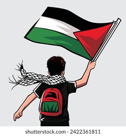 Illustration vector graphic of little boy raising the palestinian flag