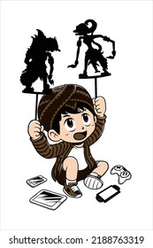 

Illustration vector graphic of little dalang playing wayang kulit . He prefers to play puppets than modern games . He is very happy he wears blangkon and surjan Javanese clothes.
