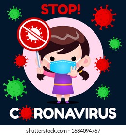 Illustration vector graphic of little girl with medical mask holding No Coronavirus Covid-19 sign.
Perfect for Medical brochure, Television health information, Medical Banner, Hospital, etc