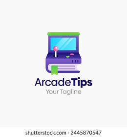 Ilustración Vector Logo gráfico de consejos de arcade. Fusión de conceptos de una máquina de juegos y libros. Bueno para la Educación, curso, aprendizaje, academia, etc