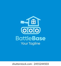 Ilustración Vector Logo gráfico de la base de batalla. Fusión de los conceptos de una casa, casa y tanque. Bueno para el juego, organización, grupo